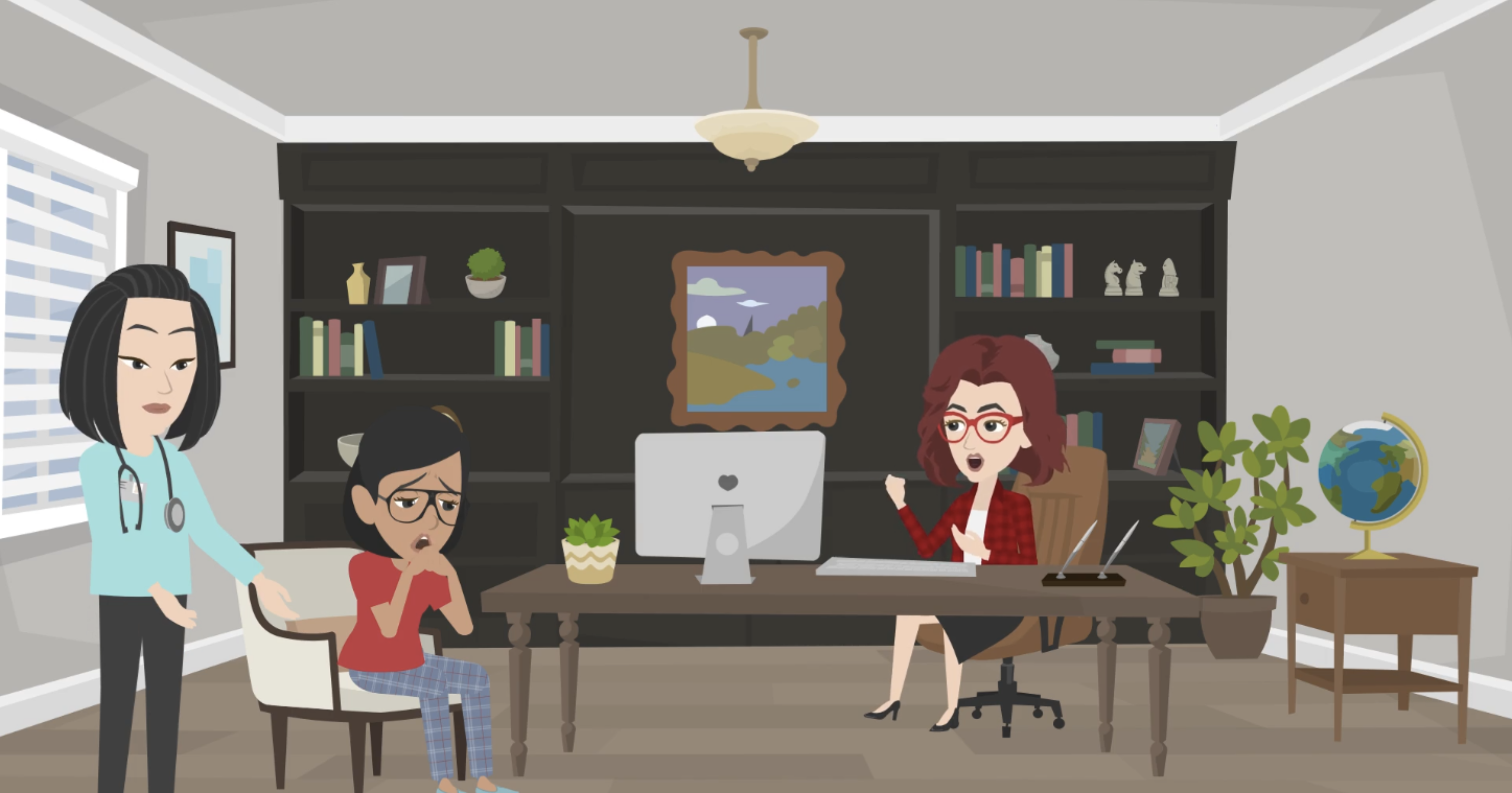 Animated scene from a wellness video showing a nurse practitioner talking with a patient in a primary care office. The patient looks tired and anxious as they discuss sleep and stress, illustrating compassionate, whole-person care.